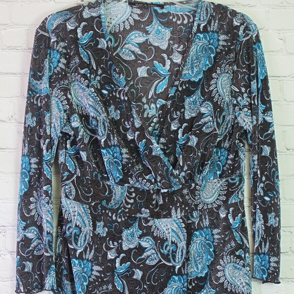 VIOLET & CLAIR Women sz L PRETTY TOP PULLOVER SLIT FRONT BROWN BLUE LONG SLEEVE